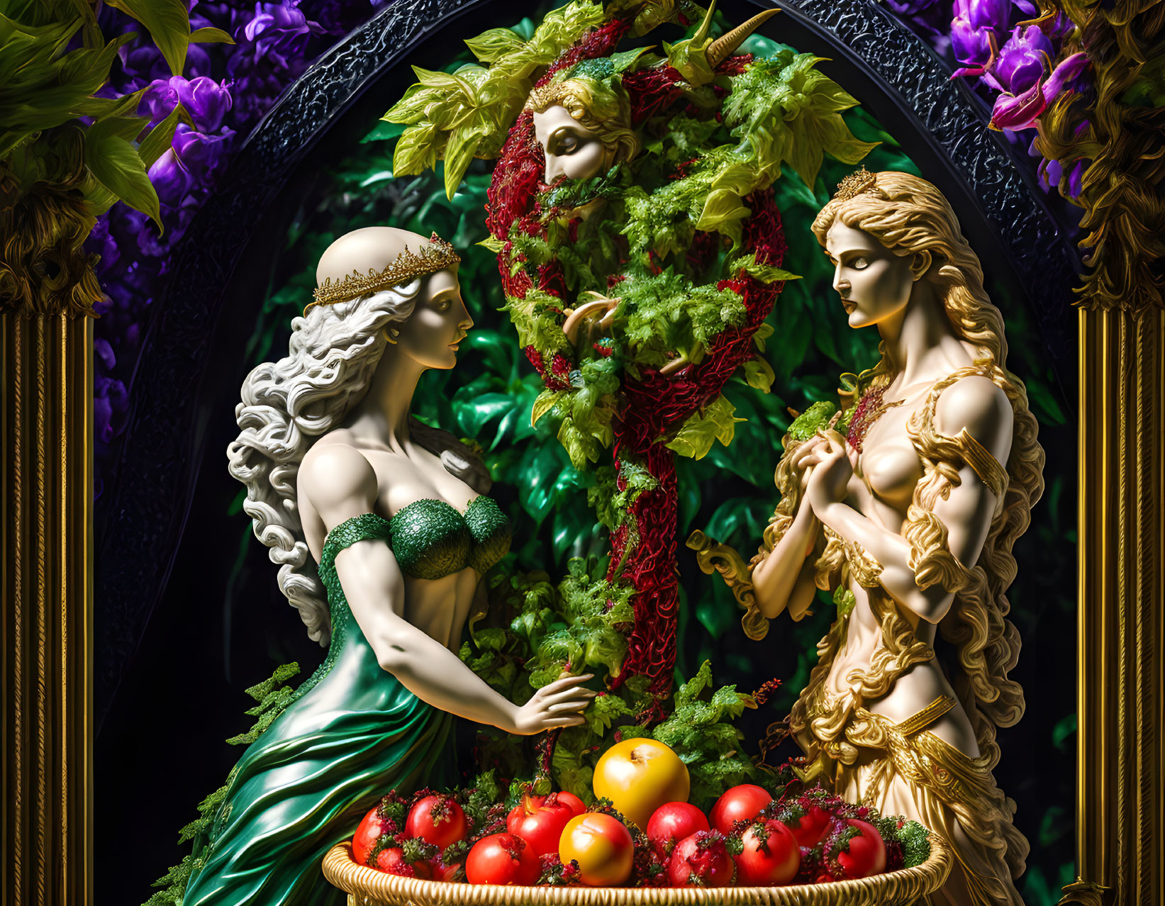 Classical male and female statues in lush greenery and fruits under a black and purple floral arch