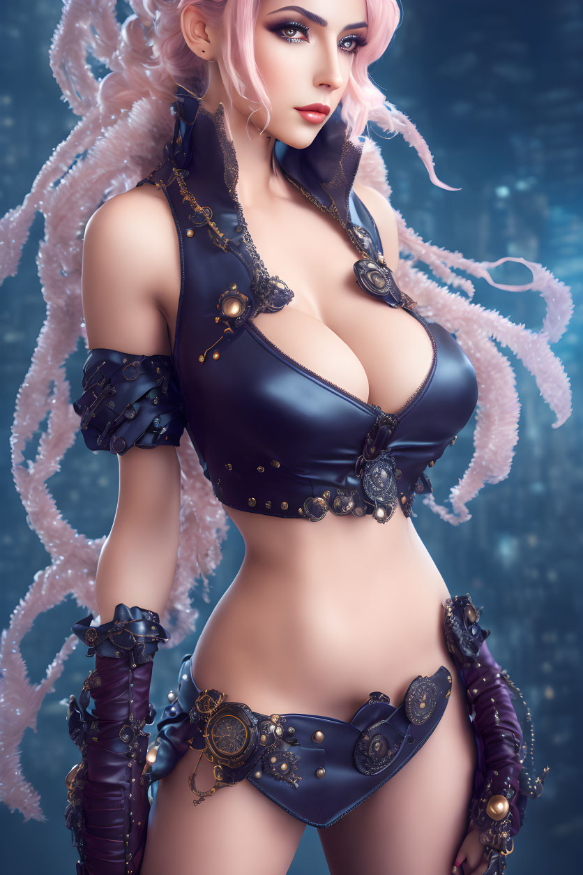 Pink-haired female character in fantasy steampunk outfit with ornate metallic accessories and wing-like structures