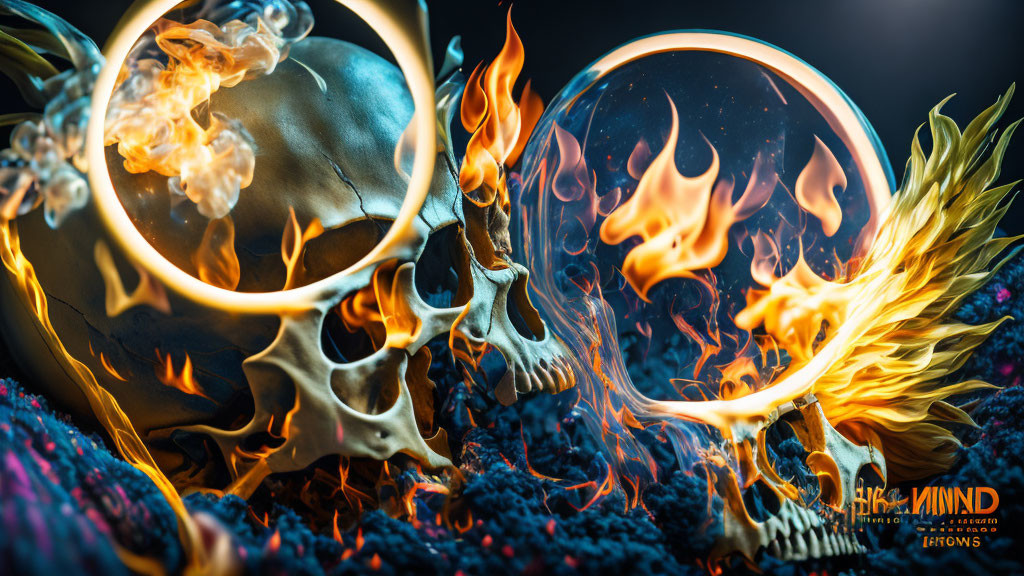 Skulls engulfed in flames and smoke in transparent spheres on dark, textured background.