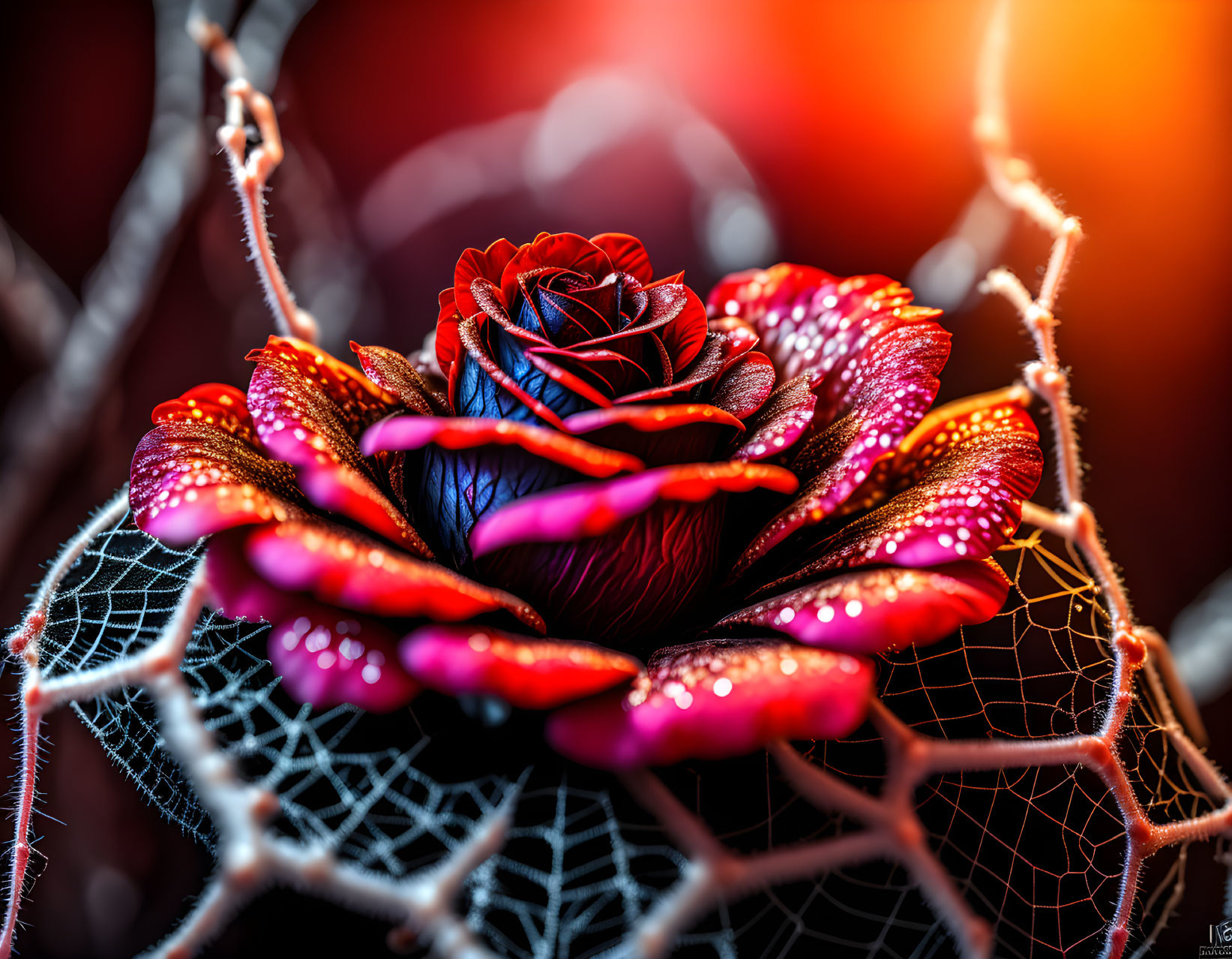 Vivid red rose with dewdrops in delicate spider web on blurred warm bokeh background