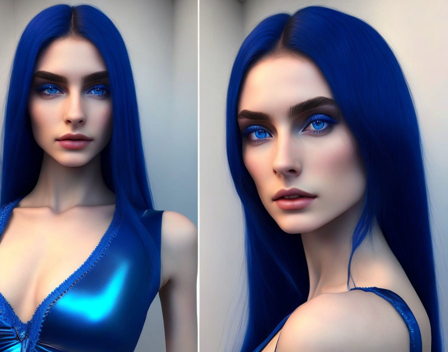 Digital artwork: Woman with blue hair and eyes in two poses, matching blue dress, neutral background