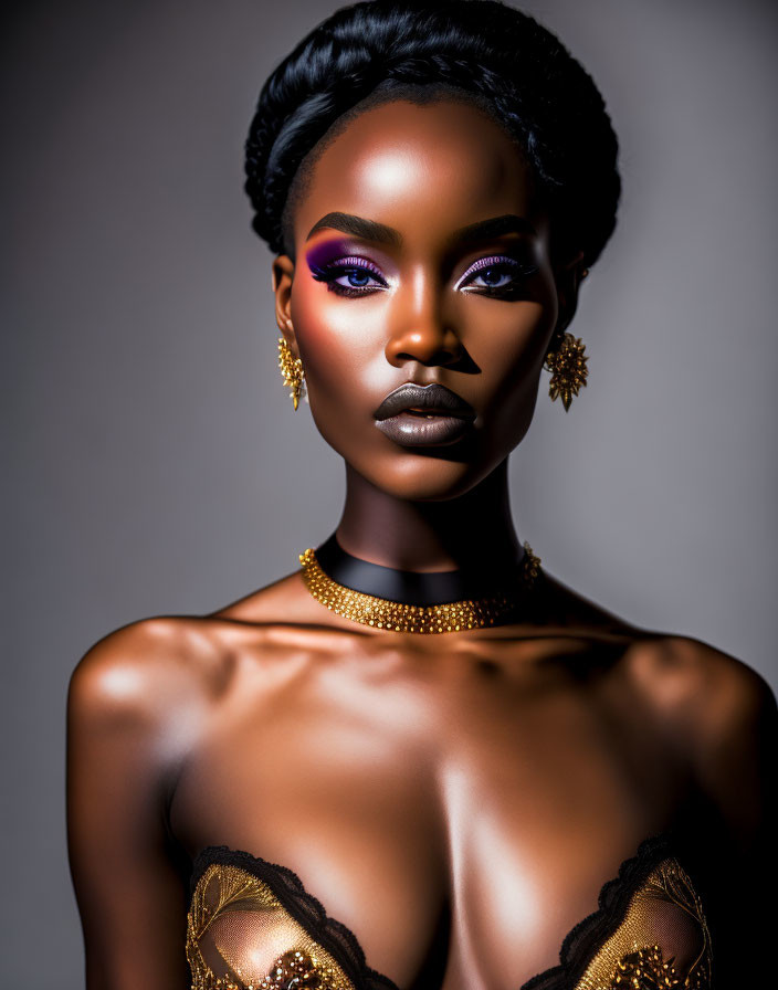 Portrait of woman with purple eyeshadow, gold earrings, and necklace on neutral background