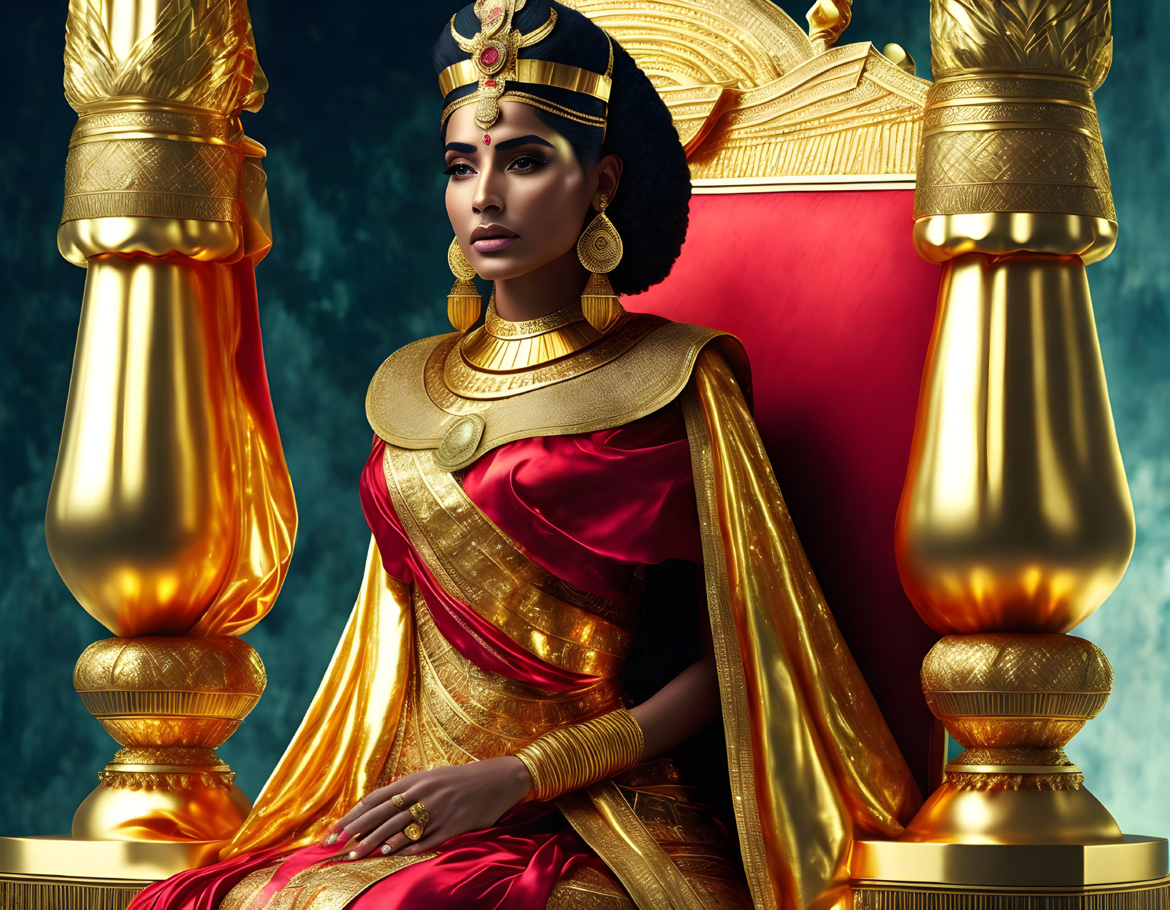 Regal woman in elegant attire on golden throne