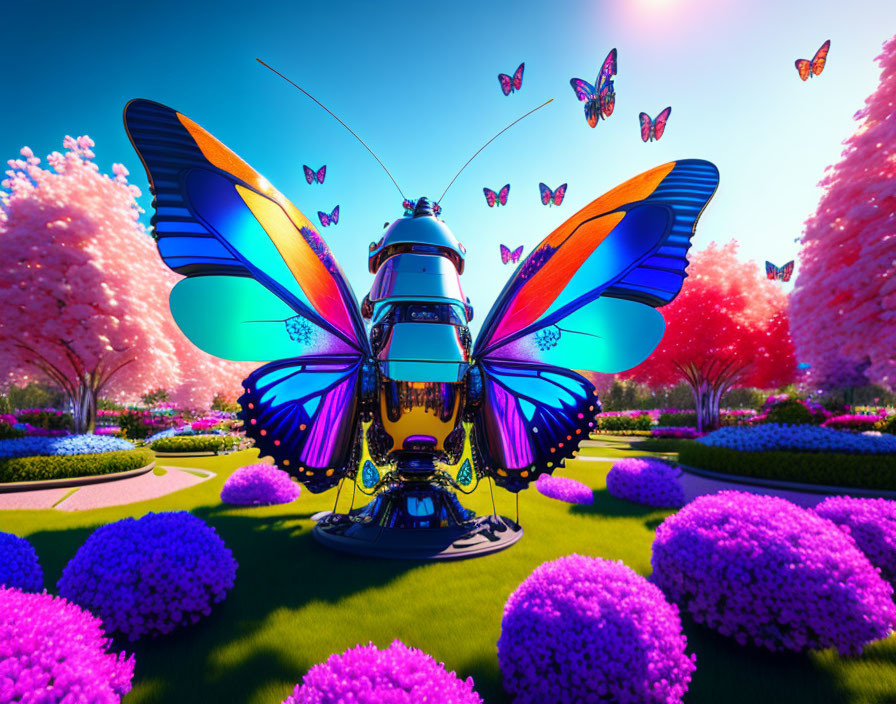 Colorful surreal landscape with robot-like entity and butterfly wings among pink trees.