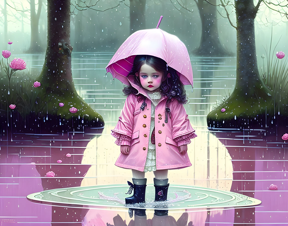 Digital art: Young girl with pink umbrella in rainy forest