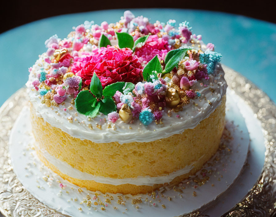 Pink and white frosted cake with edible flowers and golden beads on fancy plate