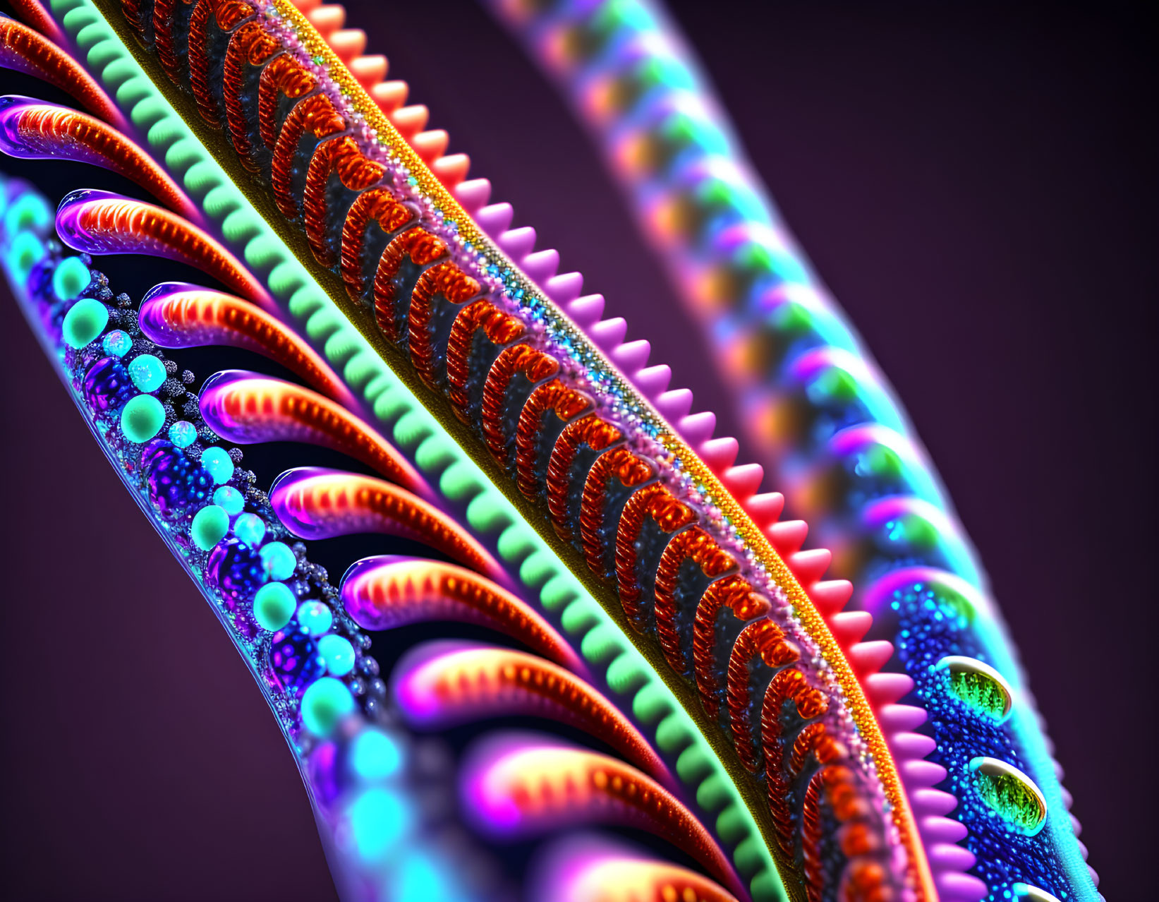 Abstract colorful image: twisted rope-like structure with intricate patterns and glowing orbs on dark background