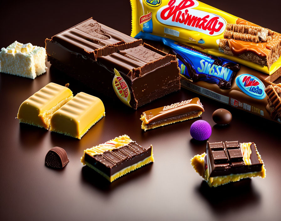 Various Chocolate Bars and Candies on Dark Surface