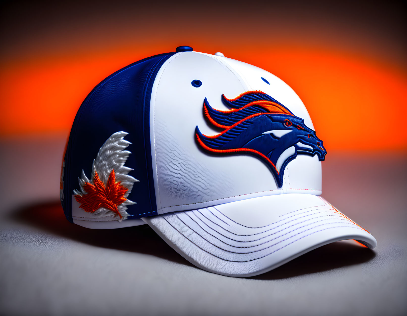 White and Blue Sports Cap with Orange and Blue Bird Logo on Orange Gradient Background