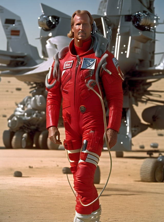 Man in red spacesuit on sandy terrain with spacecraft engines in background.