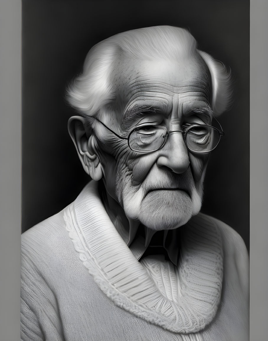 Detailed grayscale portrait of elderly man with glasses and white sweater