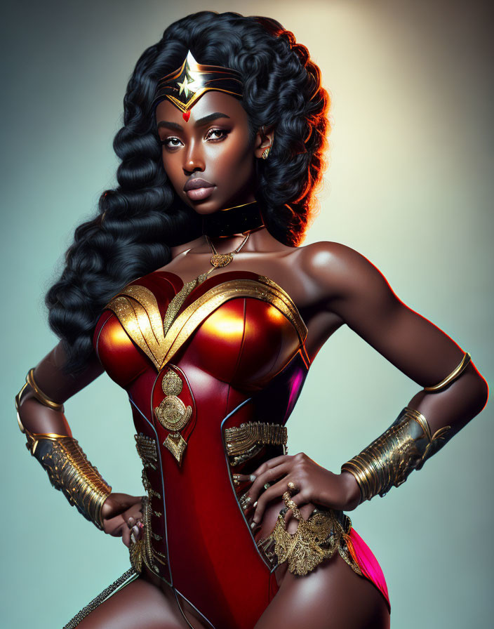 Female superhero illustration with golden tiara, red & gold armor, and black curly hair.