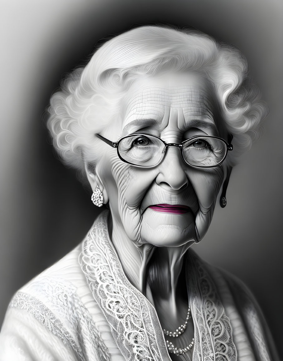 Elderly woman in lace top with white hair and glasses portrait