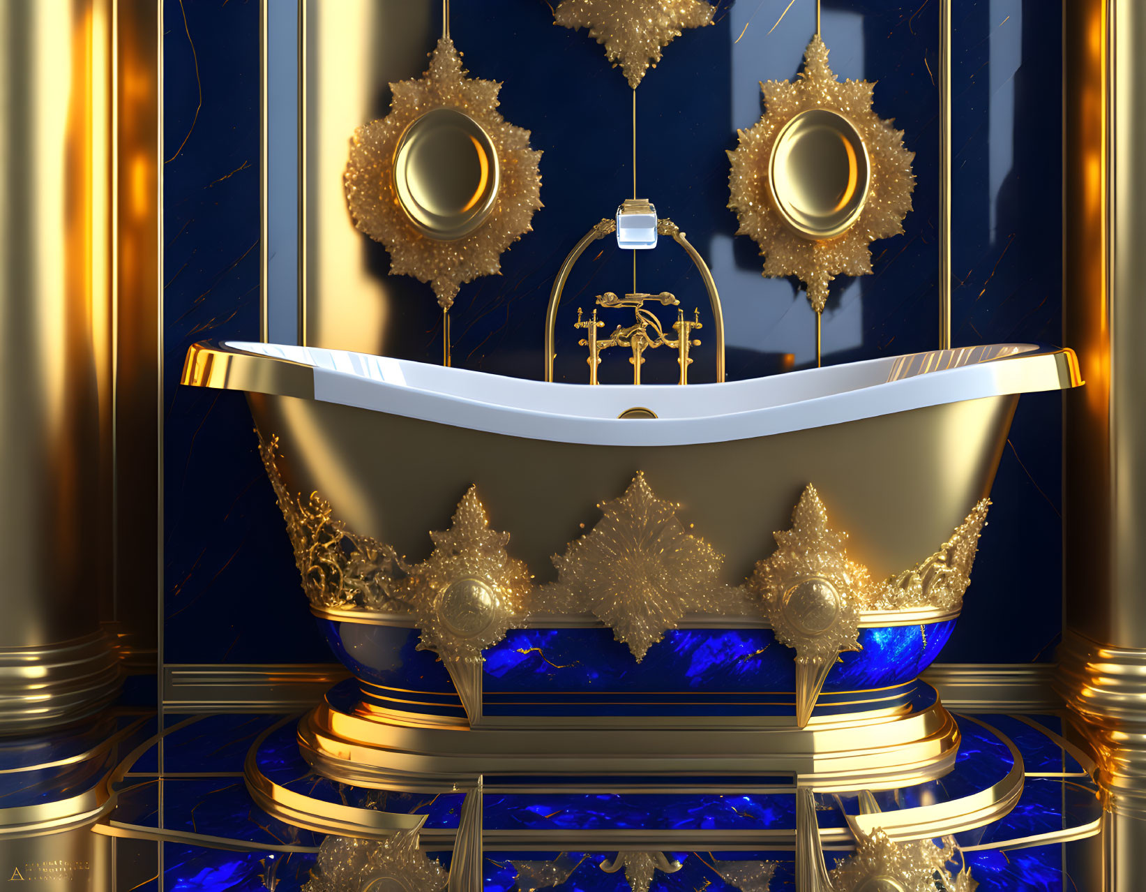 Opulent bathtub with gold accents and blue lighting in lavish bathroom scene