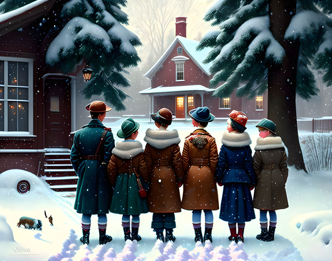 Family in Winter Attire Admiring Snow-Covered House