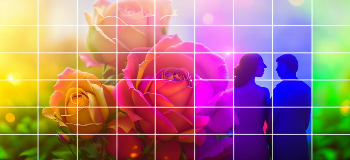 Colorful Square Collage with Silhouettes and Blooming Roses