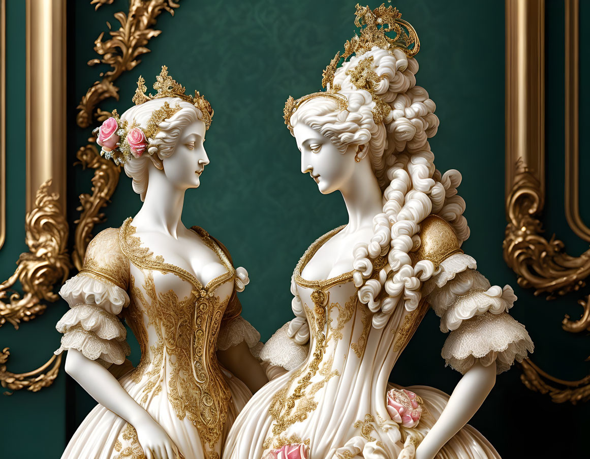 Porcelain Figures of Women in 18th-Century Dresses on Green Background