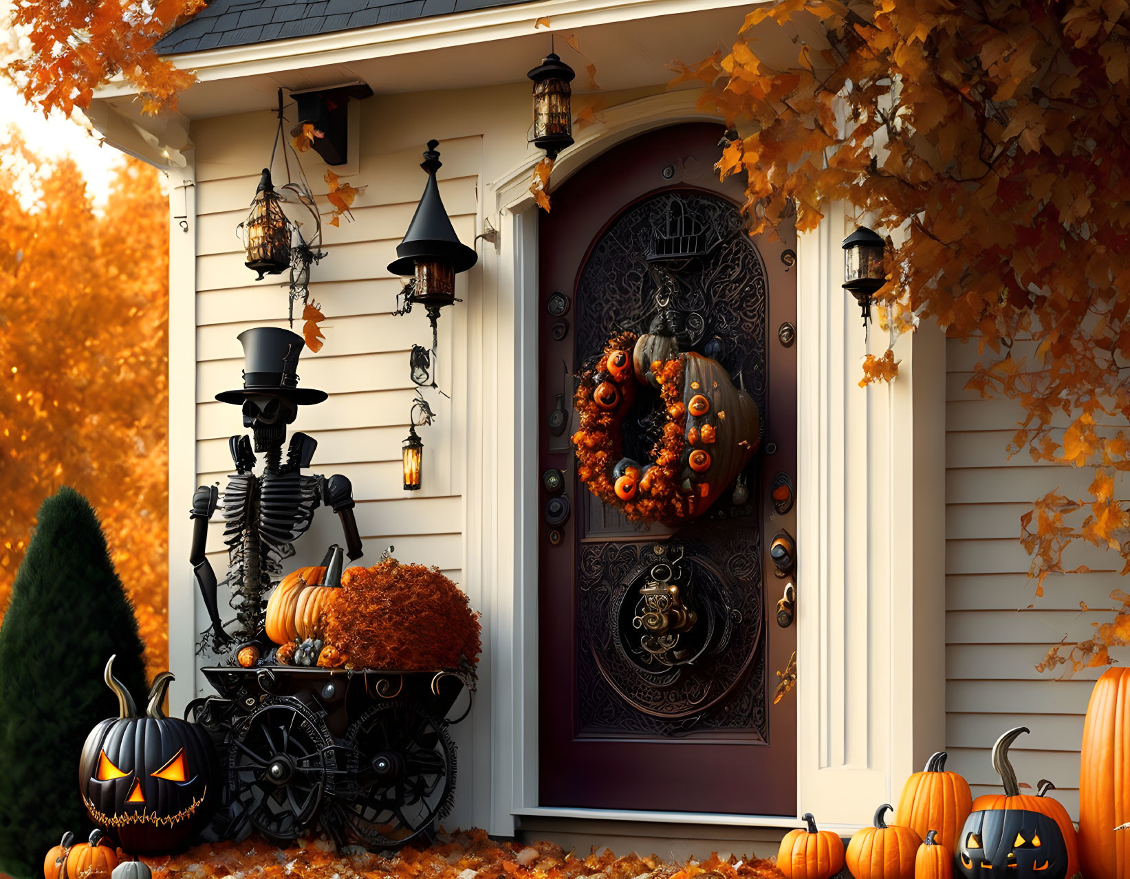 Front porch decor: pumpkins, skeleton, autumn leaves, wreath