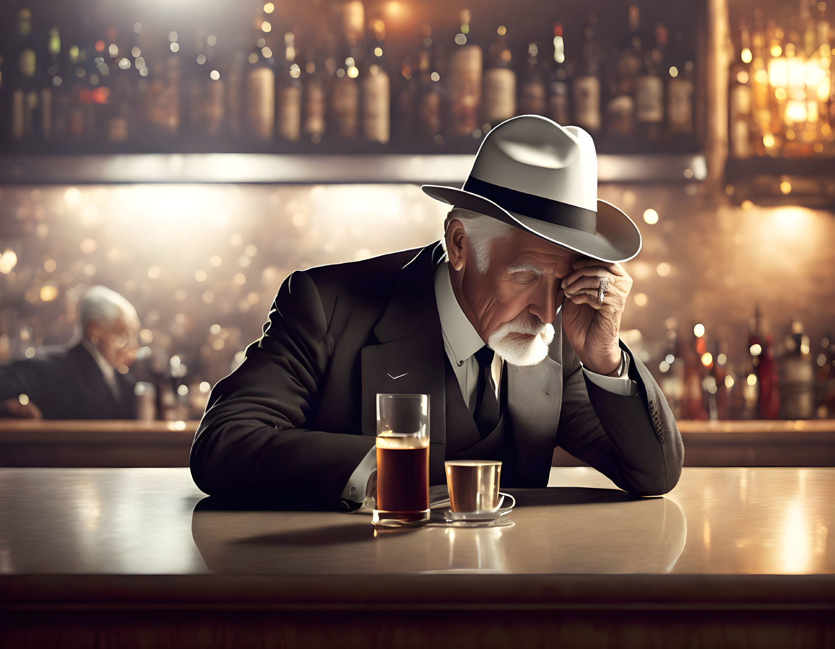 Elderly man in suit and fedora at dimly lit bar with whiskey