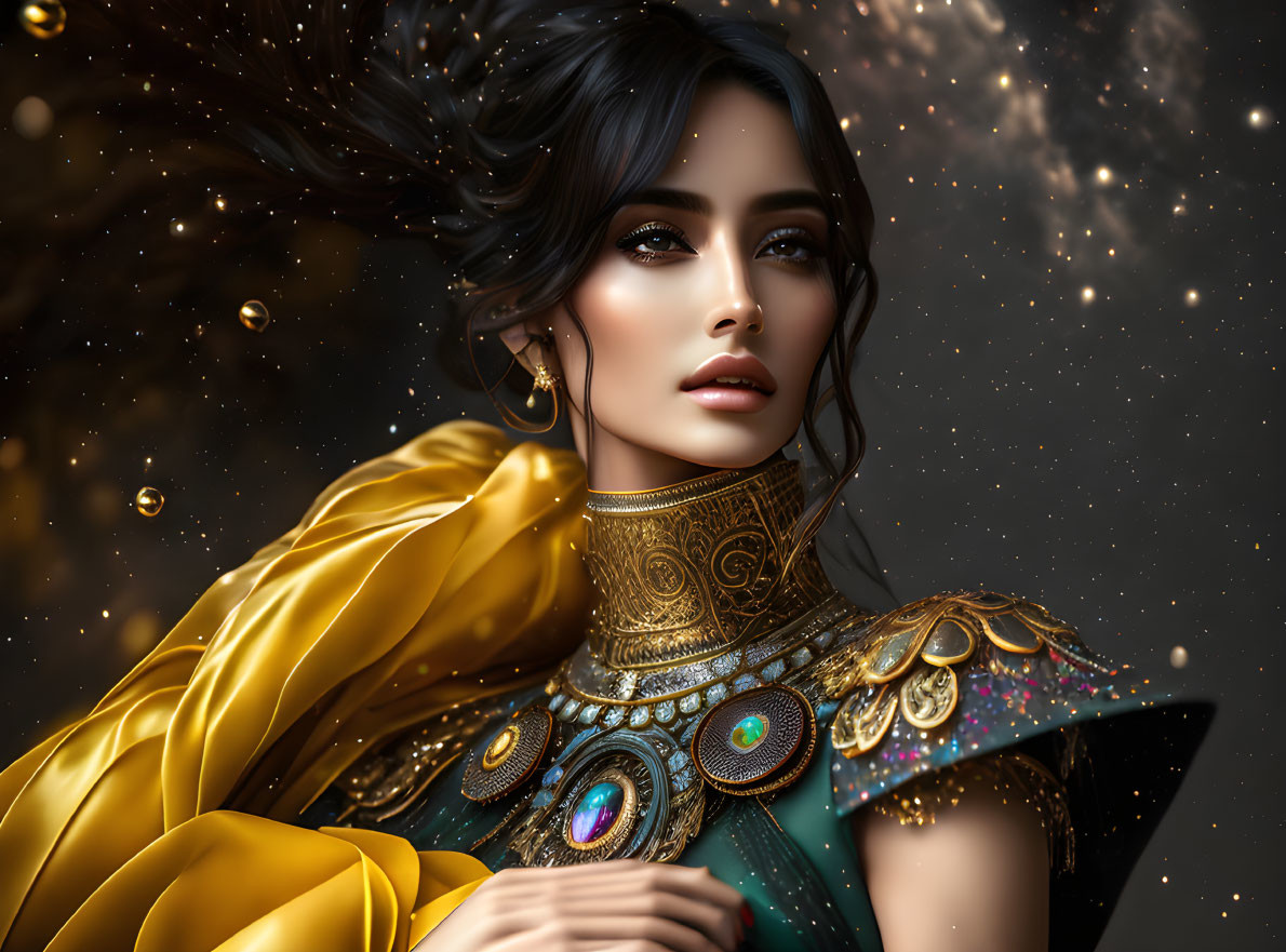 Digital artwork featuring woman in ornate golden and teal armor with peacock feather accents