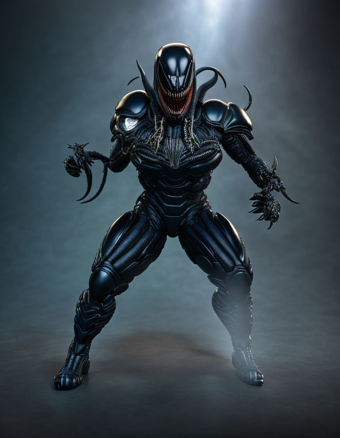 Menacing figure in black alien suit with sharp claws and white eyes.