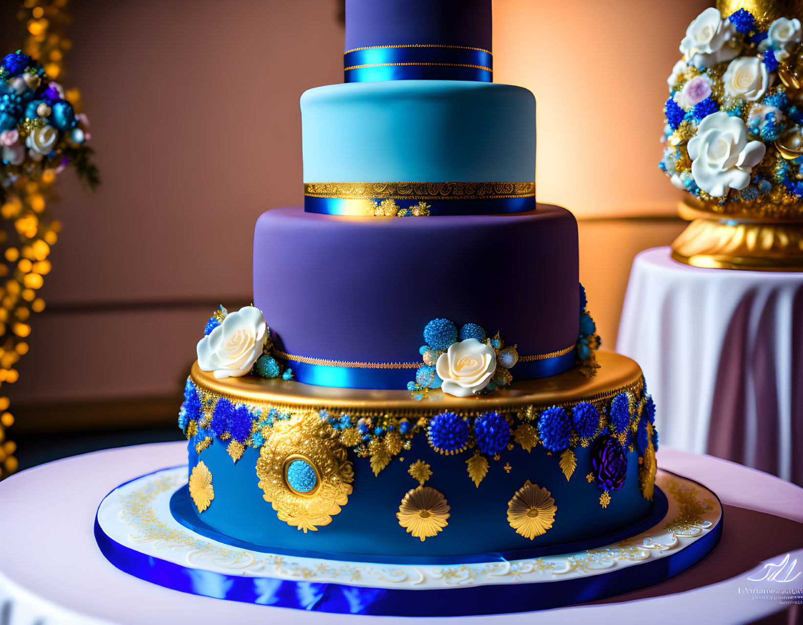 Elegant Three-Tiered Blue Wedding Cake with Gold Accents