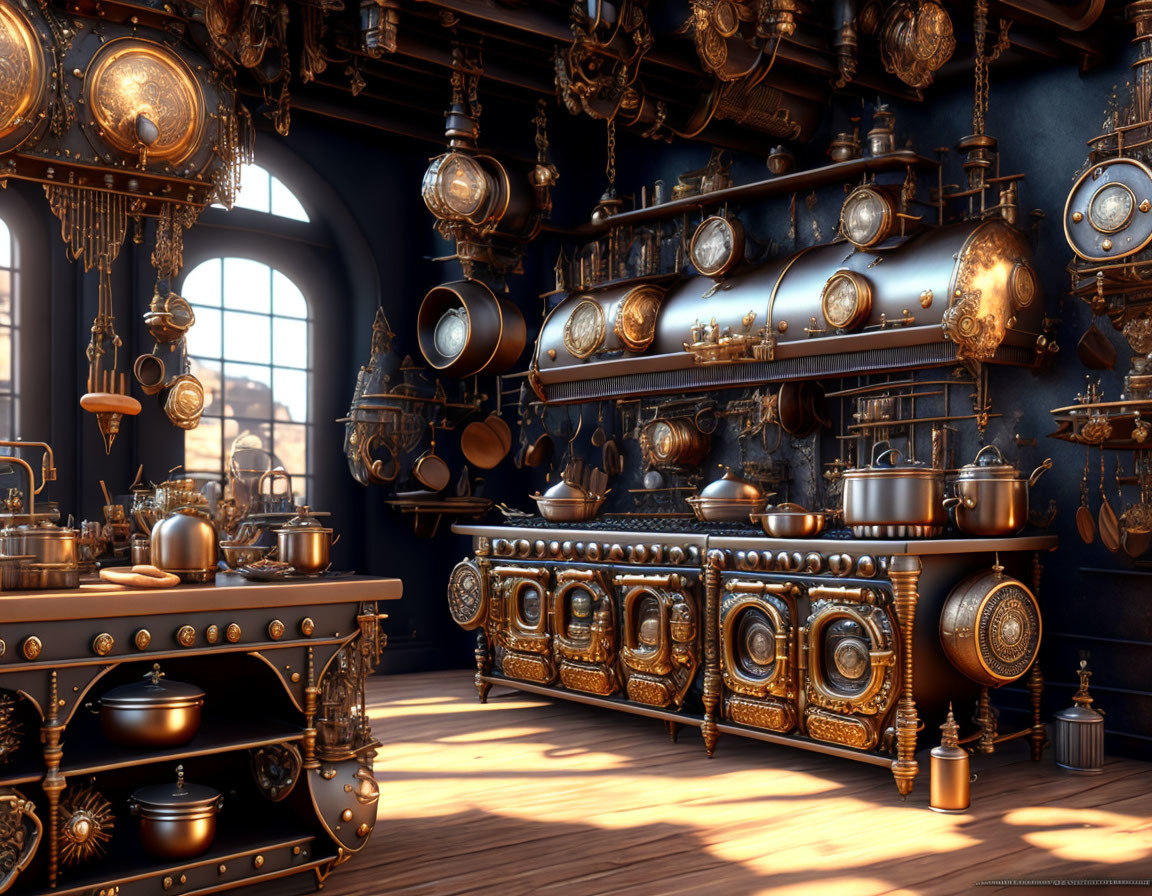 Steampunk-themed kitchen with brass appliances, gears, pipes, and cookware in sunlight