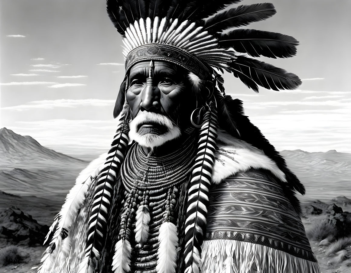 Monochrome photo: Indigenous person in feathered headdress against desolate backdrop