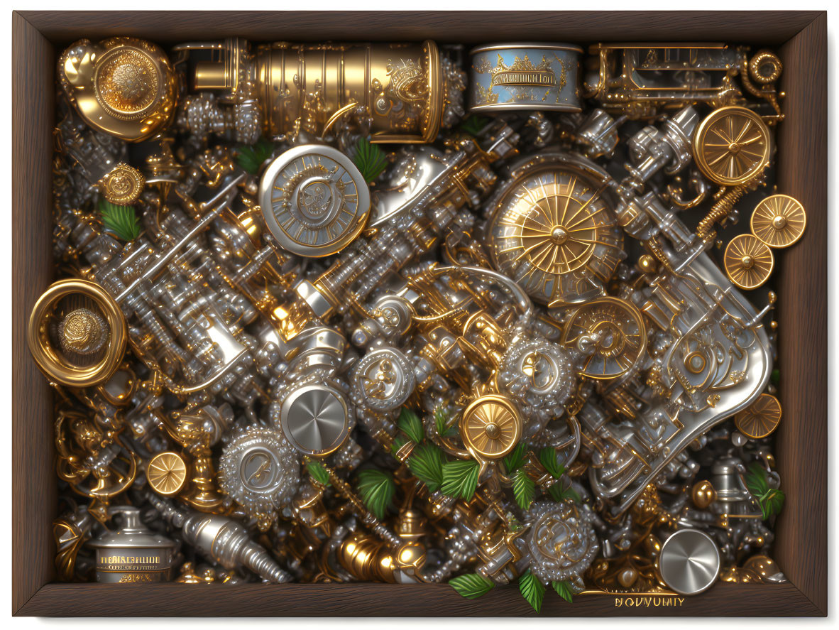 Shiny Brass Musical Instruments in Wooden Box