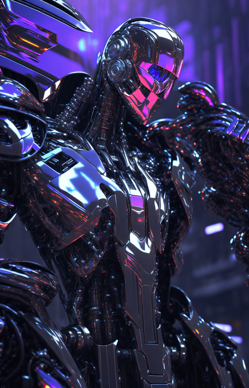 Detailed 3D Rendering of Shiny Metallic Robot with Pink Glowing Elements