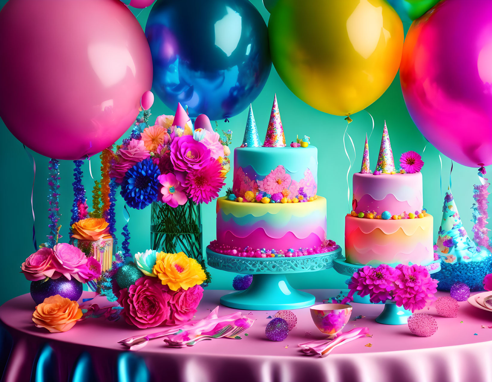 Colorful Balloon Birthday Party Setup with Cakes and Tableware