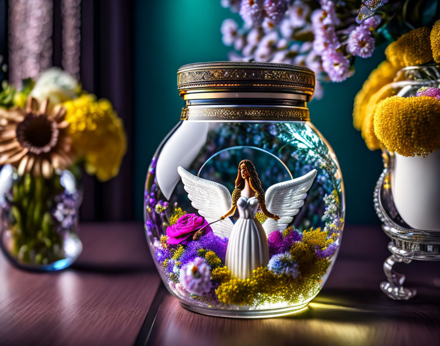 Angel figurine in jar with flowers on table, surrounded by decor.