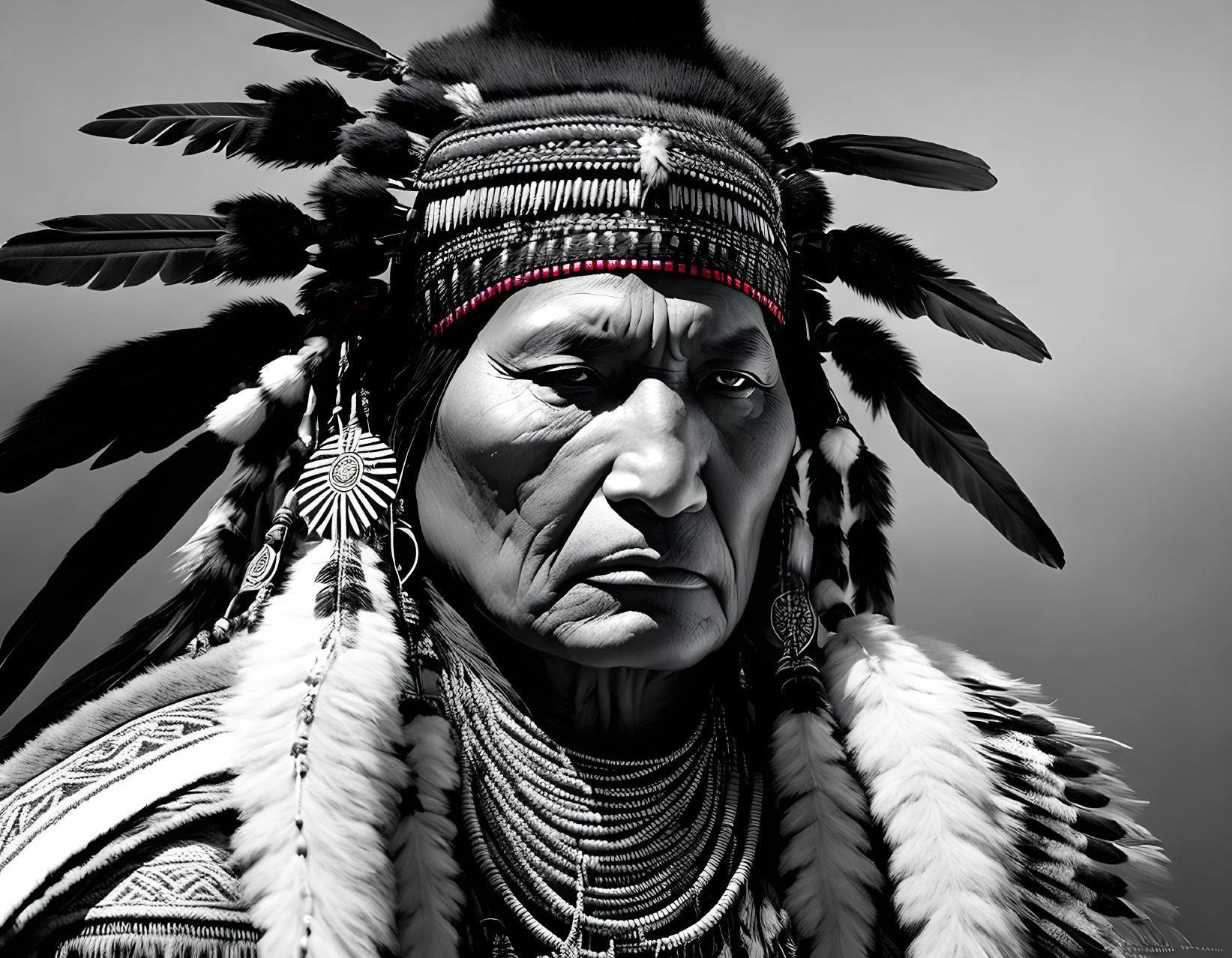 Person in Native American headdress with feathers and traditional attire on gray background