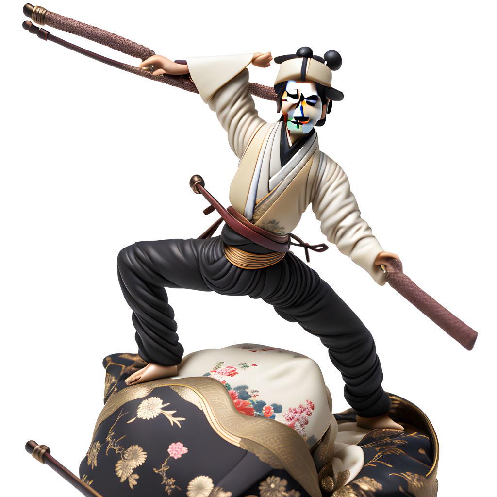 Samurai figurine in traditional attire with sword on floral base