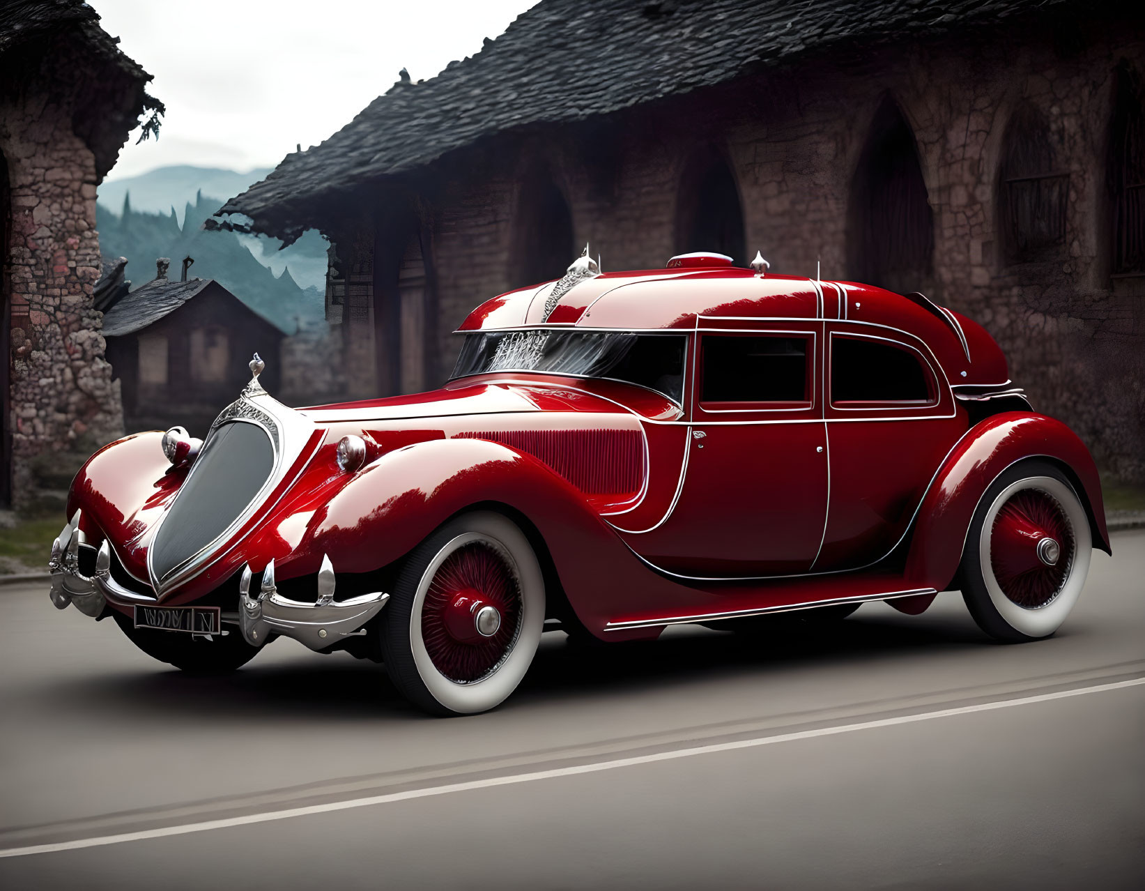 Vintage red car parked near stone buildings with mountains and fog.