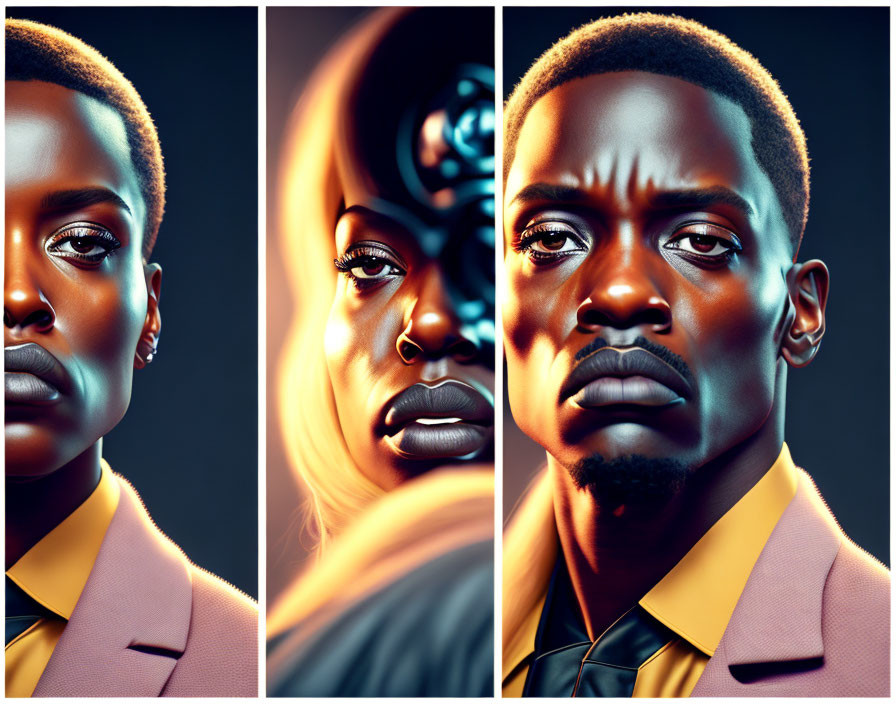 Stylized portraits of two women and one man in yellow attire on dark background