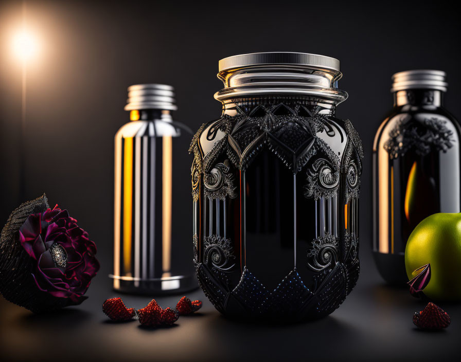 Ornate glass jars with rose, berries, and lime on moody backdrop