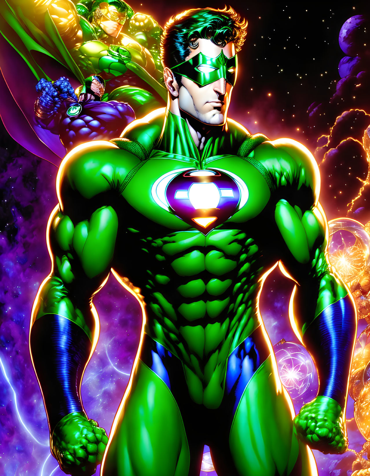 Muscular superhero in green and black suit with lantern symbol on chest against cosmic backdrop