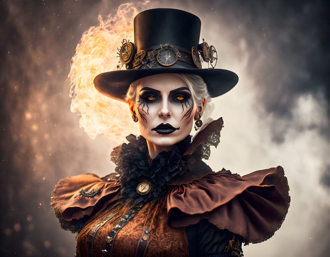 Theatrical portrait of person in steampunk outfit against smoky backdrop