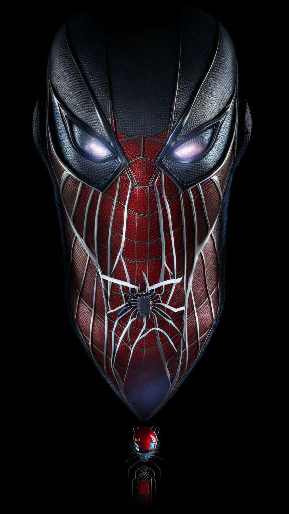 Intricate Spider-Man mask design with glowing eyes and metallic reflections