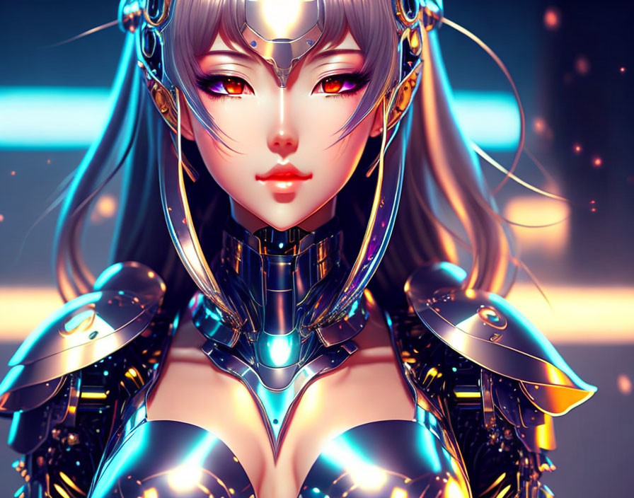 Female character in cybernetic armor with luminous elements and intricate headgear in digital art