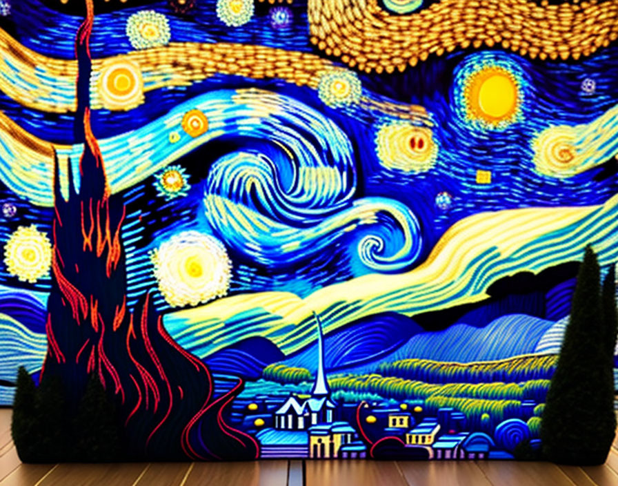 Colorful wall mural depicting swirling blue skies, stars, cypress trees, and a village.