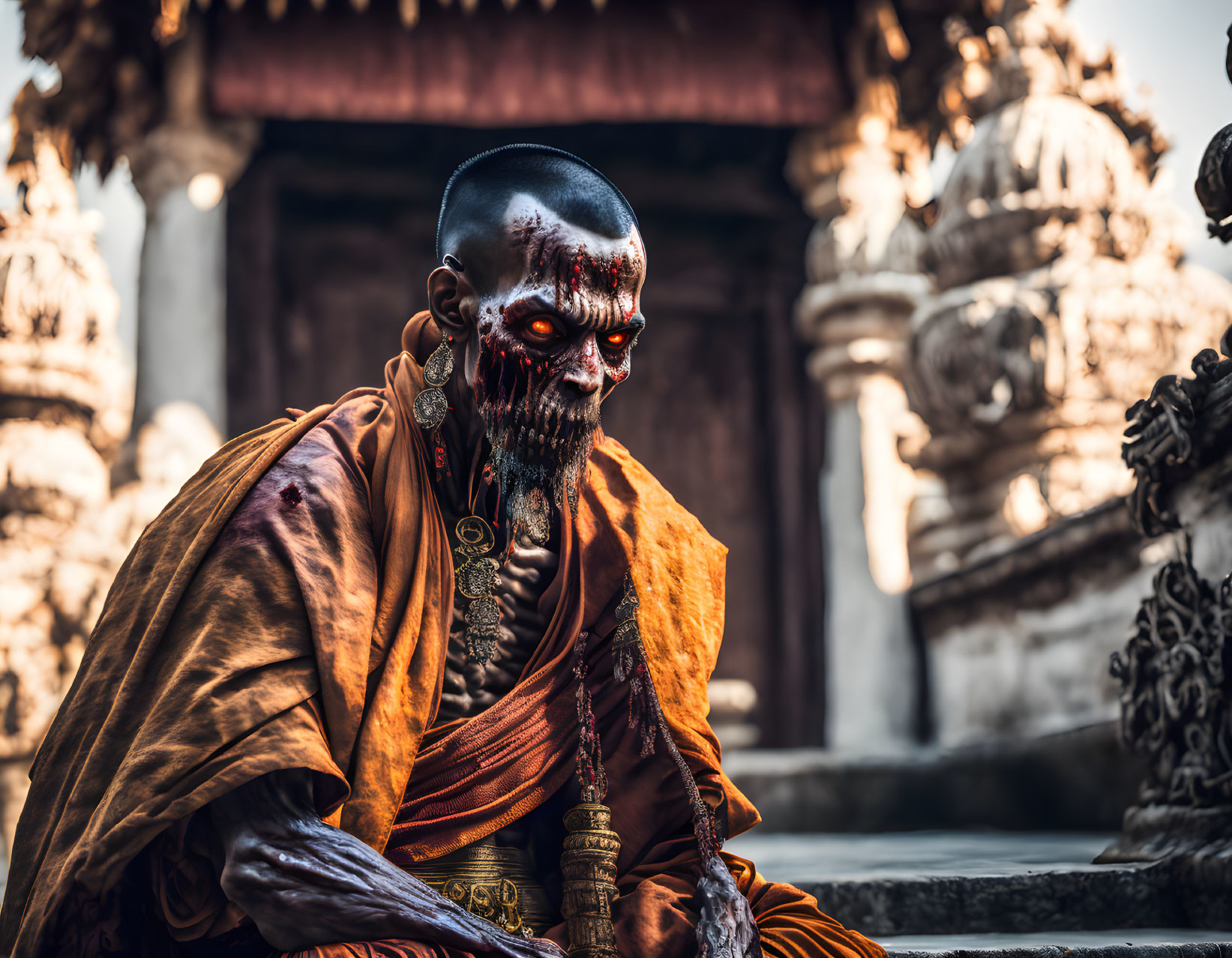 Skull-like makeup with red paint, monk in saffron robes, temple setting