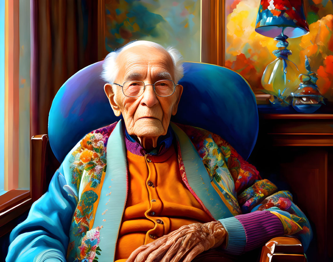 Elderly person in floral shawl and orange sweater sitting by window with lamp