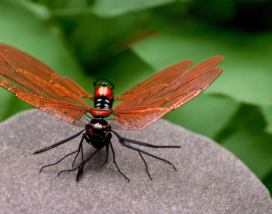 Dragonfly resting on smooth stone with translucent orange wings against green foliage