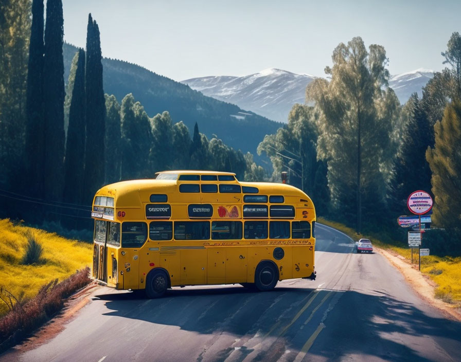 Vintage Yellow Double-Decker Bus on Road with Snow-Capped Mountains