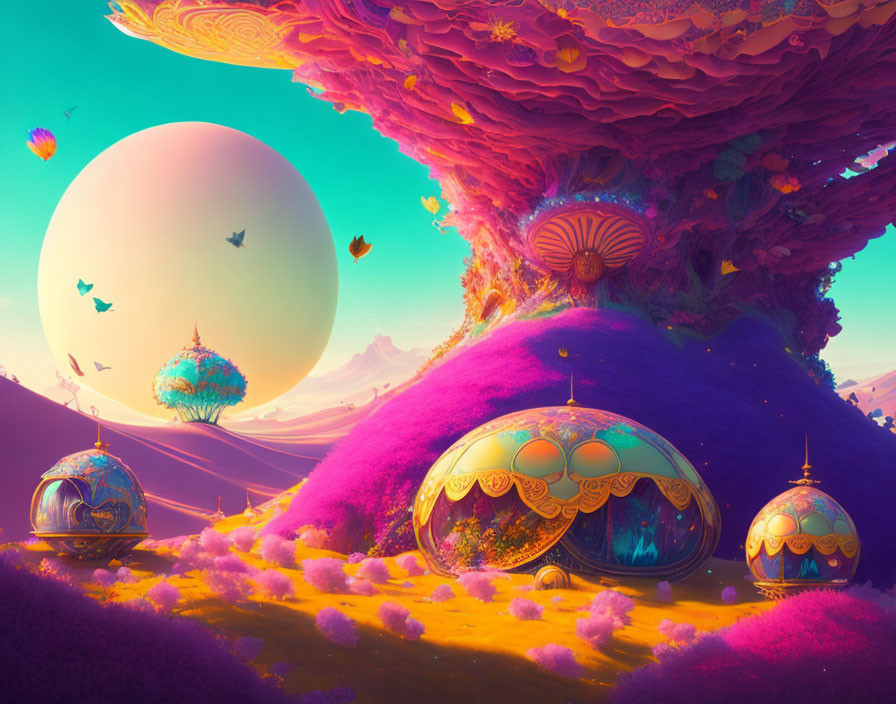 Colorful fantasy landscape with pink tree, oversized mushrooms, futuristic domes, and giant white sun.