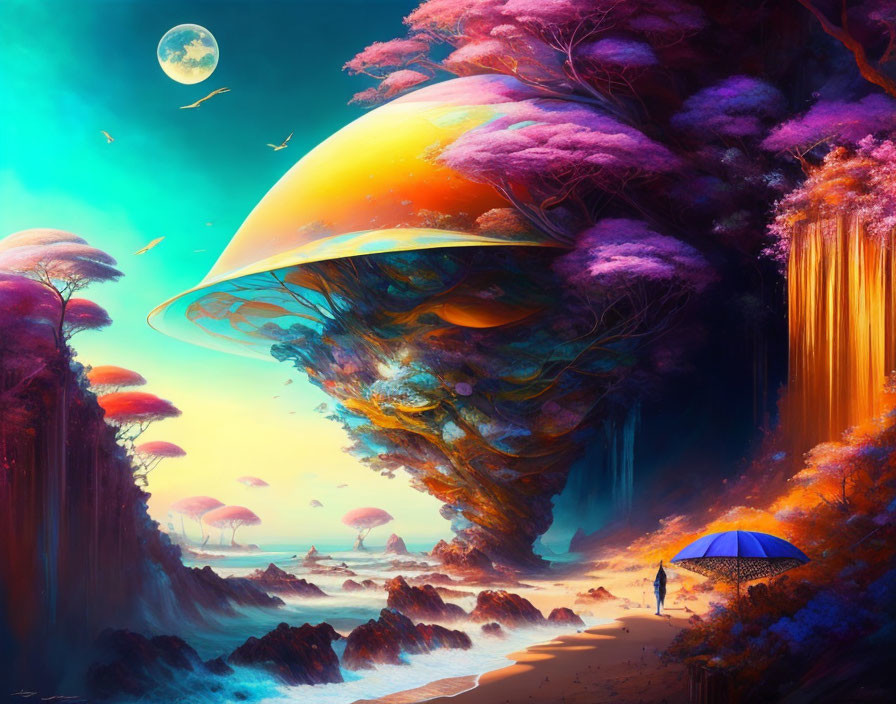 Colorful digital artwork: Person with blue umbrella on beach, alien trees, waterfalls, large moon