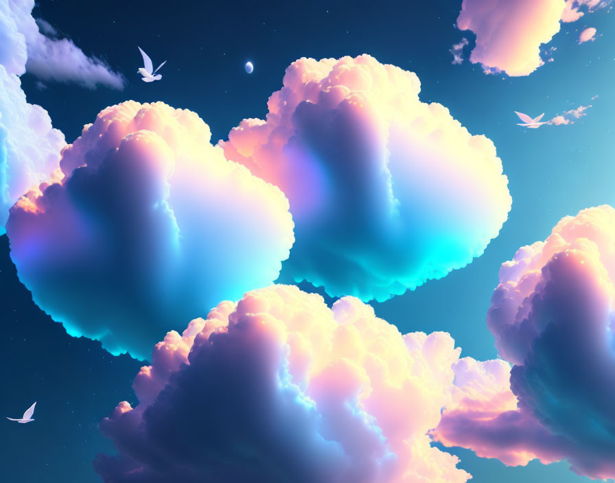 Tranquil digital artwork of pink clouds and birds in teal sky