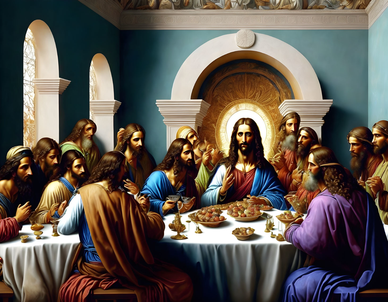 Depiction of The Last Supper with Jesus and apostles in classical setting